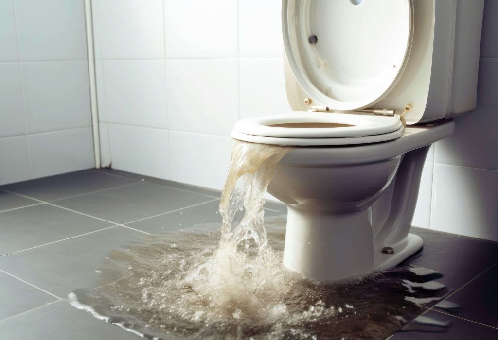 Clogged sewer system. Water rises from the toilet bowl. Created with Generative AI technology.